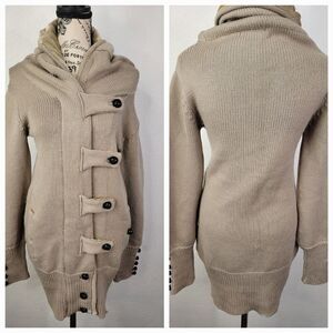 Nicholas K Long Cardigan Sweater S Button/zipper 100% Merino Knit Tan Unique